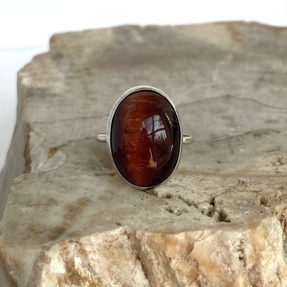 Sterling Silver 925 Oval Bezel Set 0.75" Tigers Eye Cats Eye Quartz Ring Sz 6.5 - Picture 6 of 16